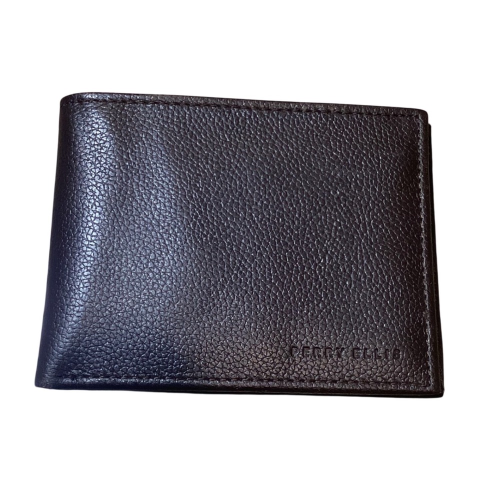 Perry Ellis Bifold Wallet Mens OS Brown Excellent Genuine Leather Pebbled Logo